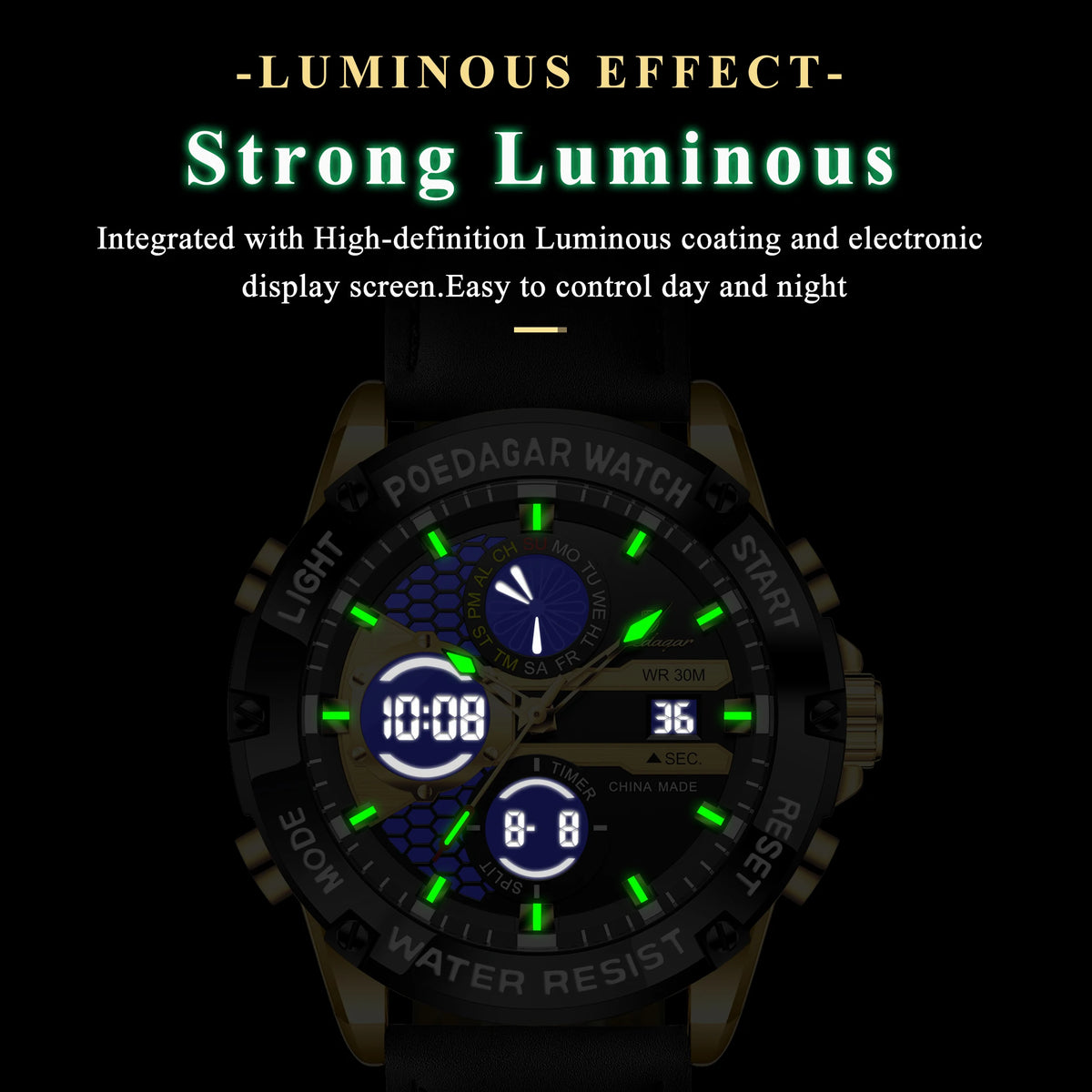 Poedagar E125 Mens Watch Dual Display Digital Analog Waterproof Montre Homme Luminous Leather Strap Sports Wristwatch for Men