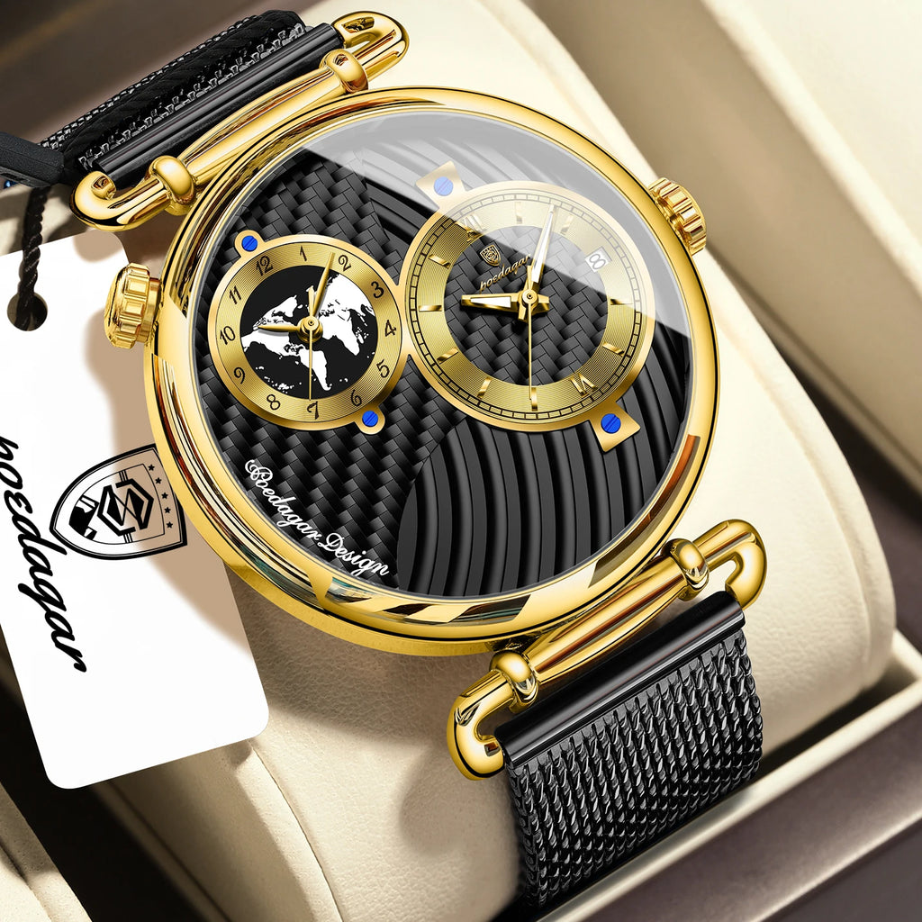 Poedagar 848 Mens Two-Tone Watch Dual Time Zone Retro Dial Mesh Stainless Steel Luminous Waterproof Formal Business Montre Homme