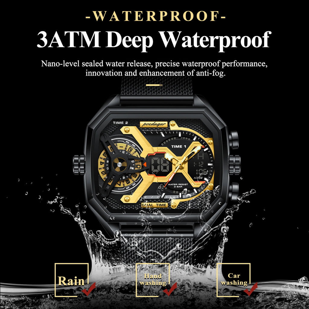 Poedagar E106 Luxury Mens Watch Square Stainless Steel Mesh Strap Wristwatch for Men Waterproof Chronograph Quartz Watches Reloj
