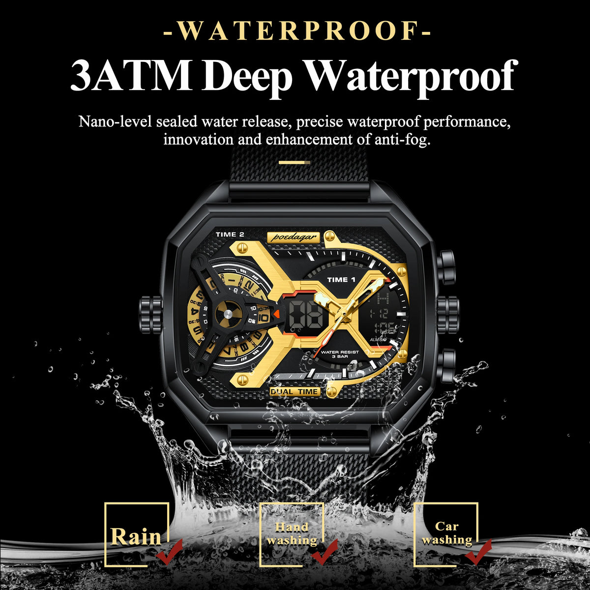 Poedagar E106 Luxury Mens Watch Square Stainless Steel Mesh Strap Wristwatch for Men Waterproof Chronograph Quartz Watches Reloj