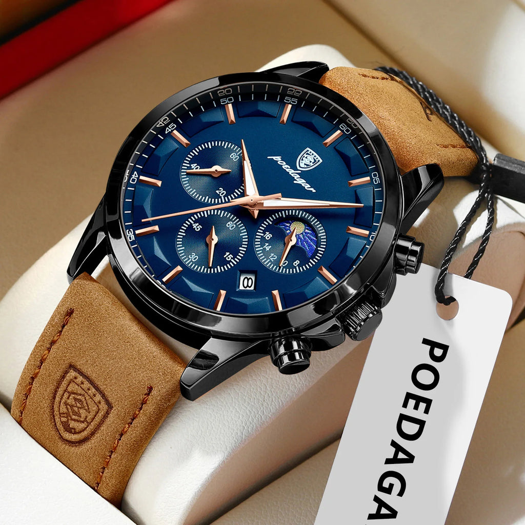 Poedagar 928 Luxury Men Wrist Watch Sports Leather Montre Quartz Watch Waterproof Luminous Calendar Chronograph Watches for Men