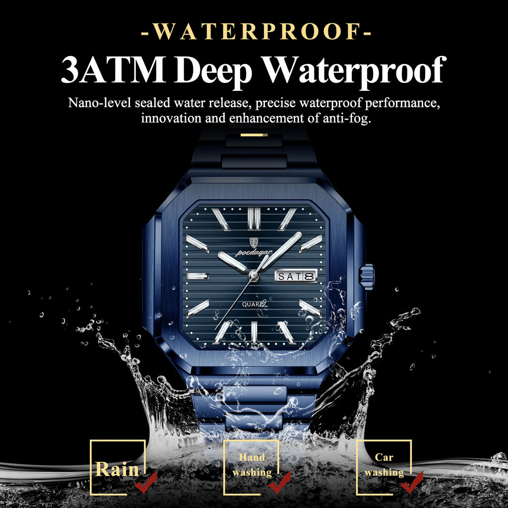 Watch for Men Luxury Poedagar 672 Business Stainless Steel Quartz Wristwatch Square Case Waterproof Luminous Date Men's Watch