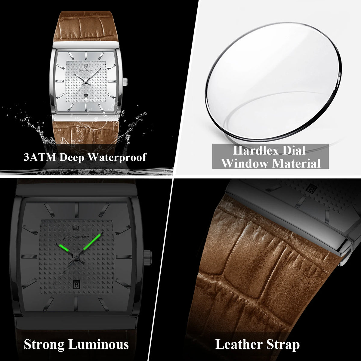Poedagar 885 Luxury Mens Watch Elegant Leather Strap Square Business Quartz Wristwatch Waterproof Factory Direct Ready to Ship