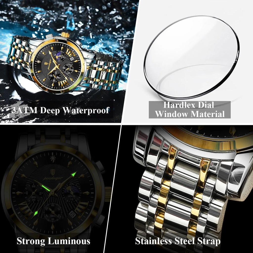 Poedagar 813 Watch for Men Luxury High Quality Waterproof Luminous Men's Watch Chronograph Stainless Steel Quartz Watches Reloj