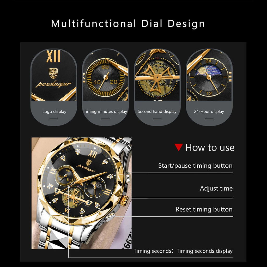 Poedagar Men's Luxury Fashion Quartz Watch Stainless Steel Chronograph Waterproof Luminous Feature 42mm Alloy Business Style