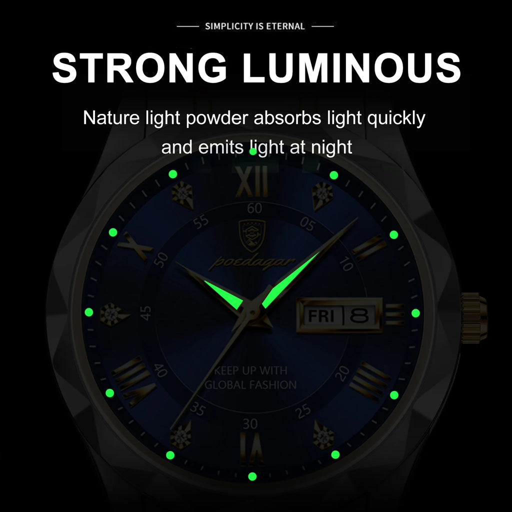 Poedagar 615 Luxury Men's Watches Top Brand Waterproof Luminous Date Week Reloj Watch for Men Stainless Steel Quartz Male