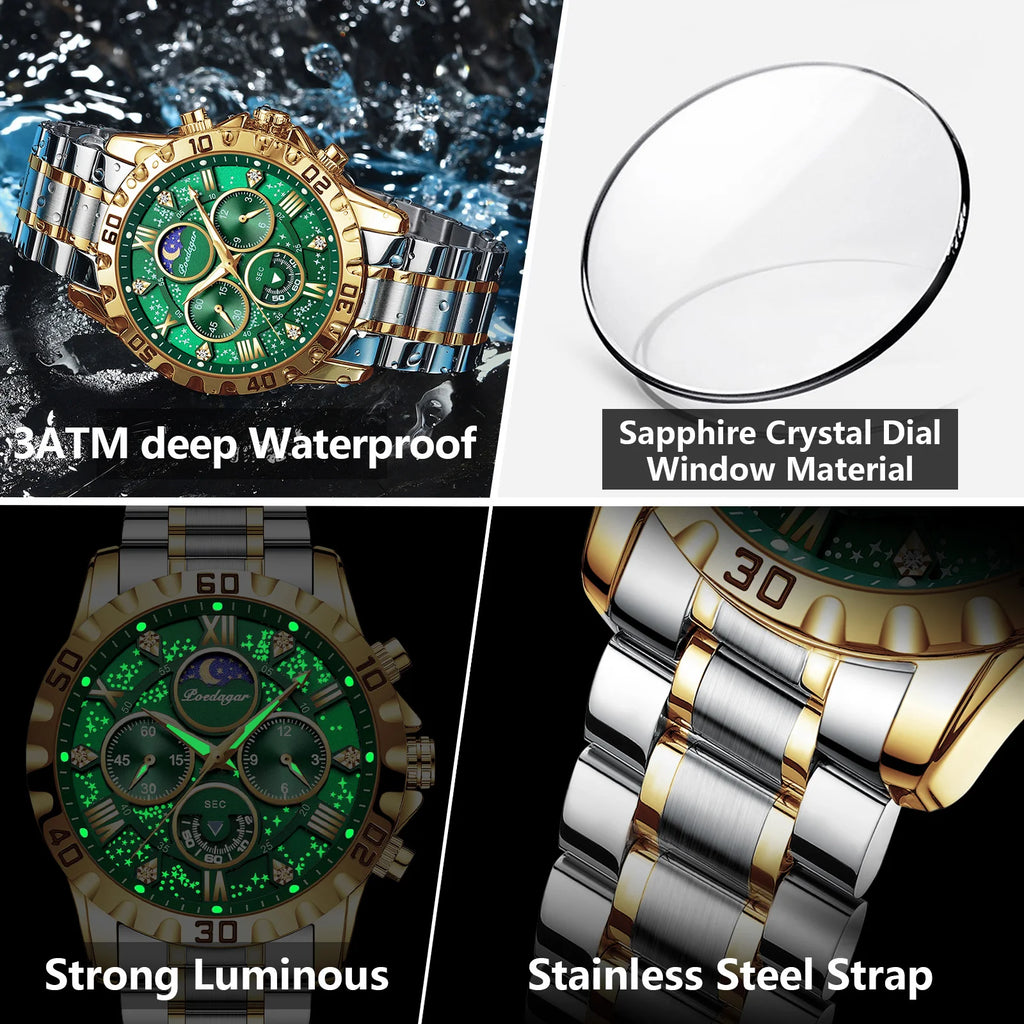 Poedagar 973 Luxury Men Watch Starry Dial Diamond Roman Markers Chronograph Moonphase Steel Band Waterproof Factory Wholesale