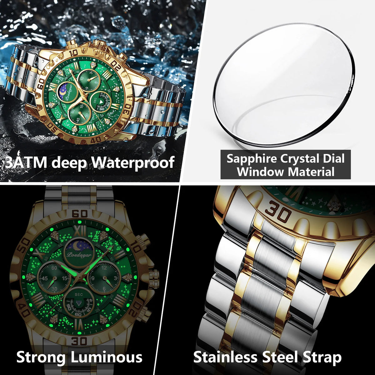 Poedagar 973 Luxury Men Watch Starry Dial Diamond Roman Markers Chronograph Moonphase Steel Band Waterproof Factory Wholesale