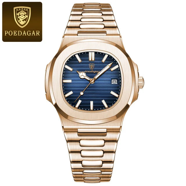 Poedagar Top Brand Luxury Fashion Rose Gold Square Men Quartz Watch Waterproof Luminous Date Stainless Steel Watch for Men
