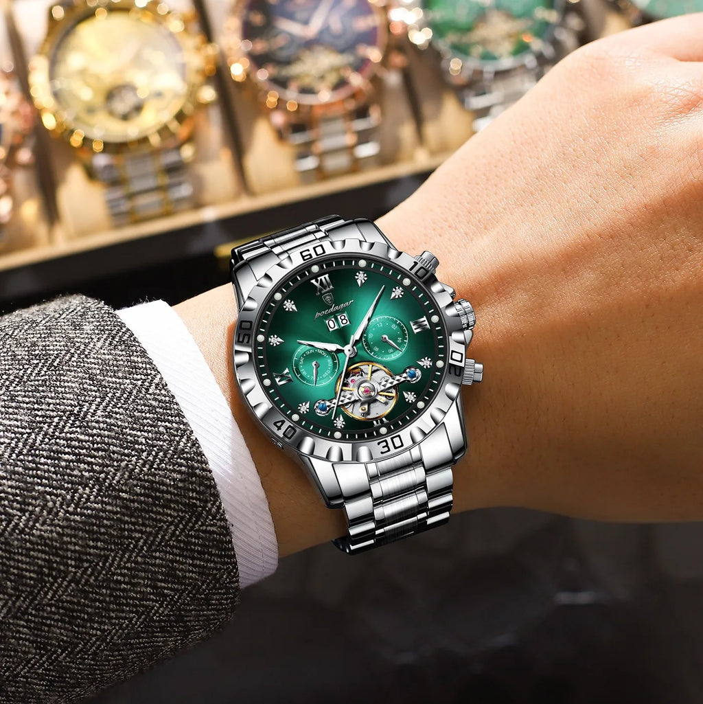 Poedagar 1418 Luxury Men's Mechanical Watch Date Waterproof Wristwatch Hollow Luminous Stainless Steel Automatic Watch for Men
