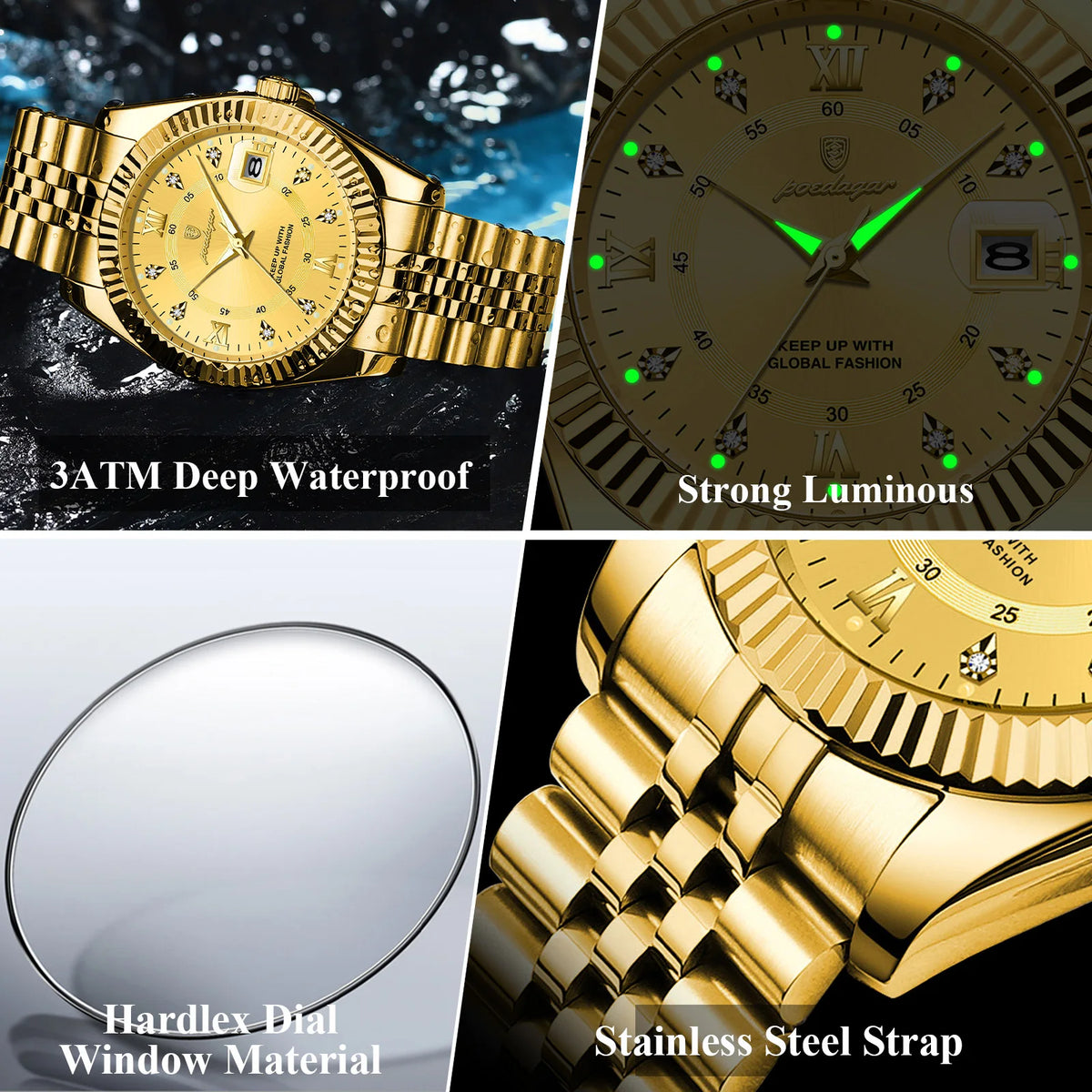 Poedagar 910 Men Luxury Diamond Quartz Watch Sport 3BAR Waterproof Luminous Calendar Stainless Steel Bulk Factory Wholesale