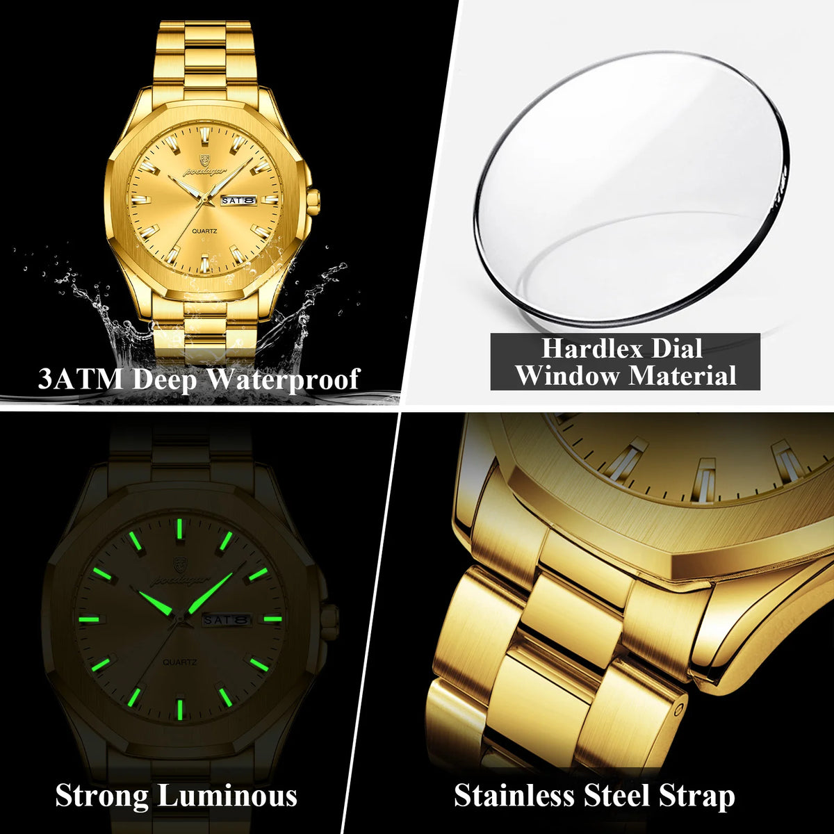 Poedagar 875 Luxury Mens Watch All Gold Octagonal Case Stainless Steel Quartz Watch Reloj Luminous Waterproof Wristwatch for Men