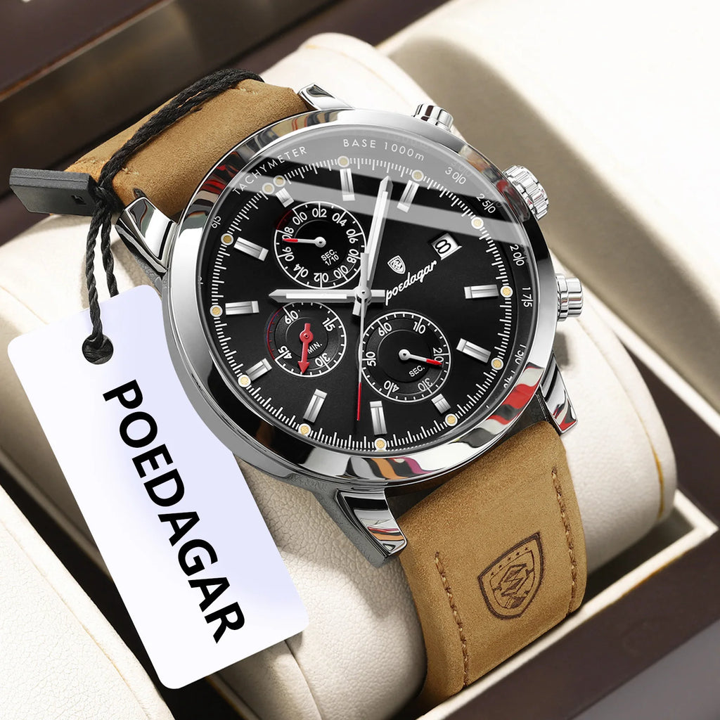 Poedagar 932 Watch for Men Luxury Leather Strap Luminous Waterproof Quartz Watches Business Chronograph Men's Watch Montre Homme