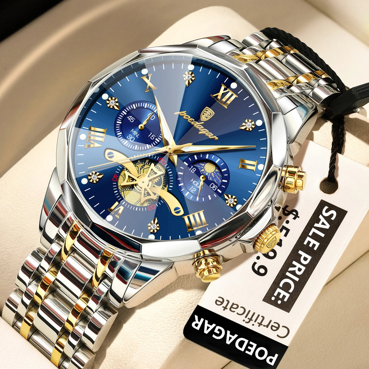 Poedagar 938 Men's Luxury Stainless Steel Chronograph Quartz Watch Waterproof Luminous with 42mm Alloy Dial Watch for Men