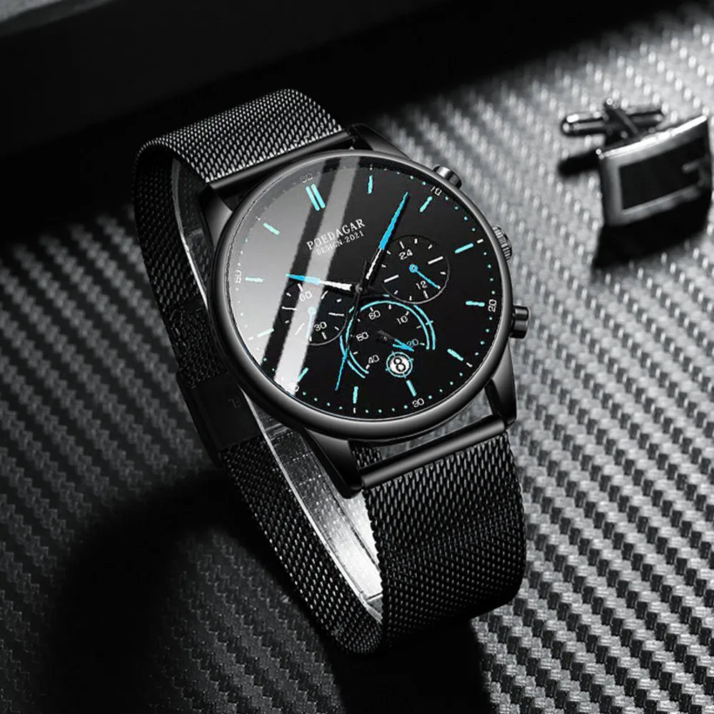Poedagar Stainless Steel Mesh Watches Men Wrist Sport Chronograph Quartz Watches Waterproof Luminous Watch for Men Relojes Hombr