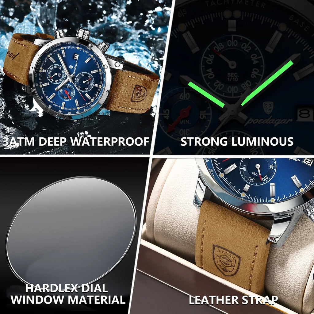 POEDAGAR Factory Wholesale Luxury Leather Quartz Watches Waterproof Luminous Wrist Chronograph Watch for Men
