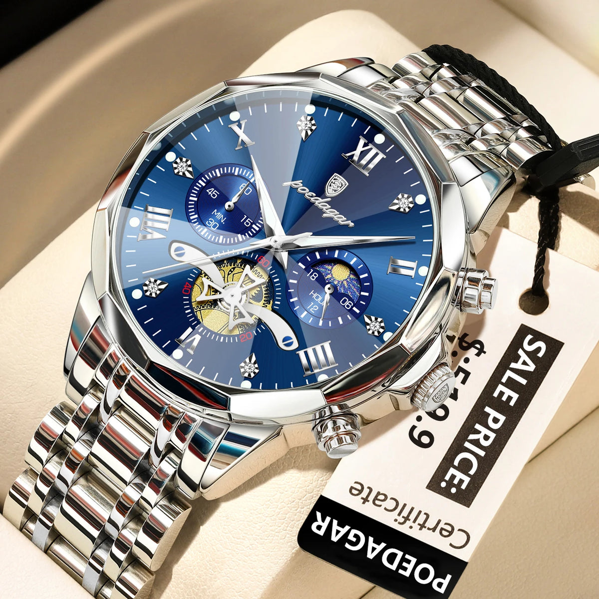 Poedagar 938 Men's Luxury Stainless Steel Chronograph Quartz Watch Waterproof Luminous with 42mm Alloy Dial Watch for Men