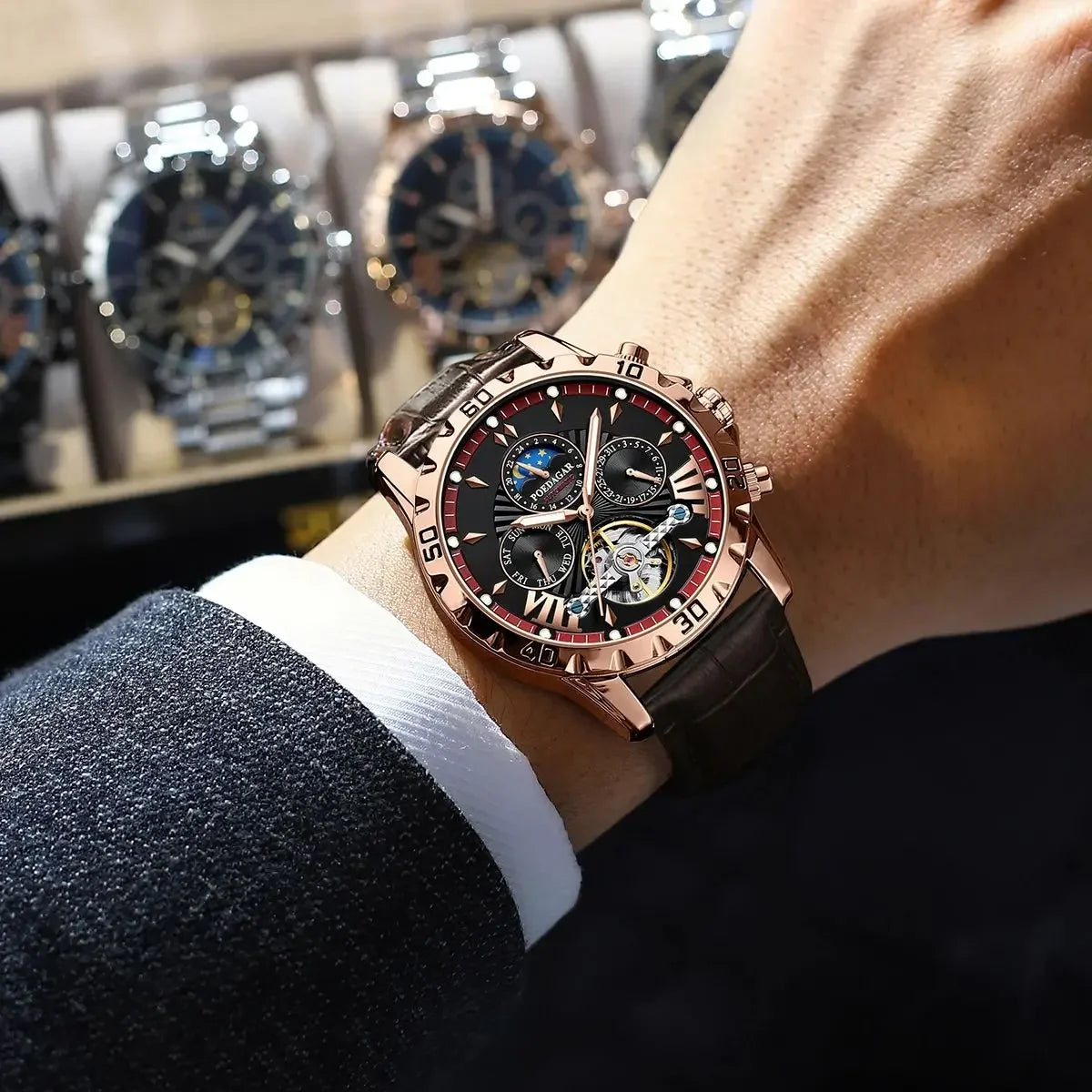 Poedagar Hollow Tourbillon Automatic Men's Watch Luxury LeatherWaterproof Luminous Mechanical Watch