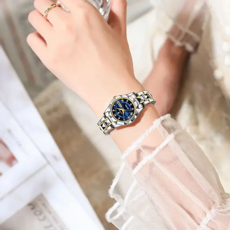 POEDAGAR Luxury Diamond Stainless Steel Montre Femme Waterproof Luminous Quartz Watches Week Date Ladies Watch