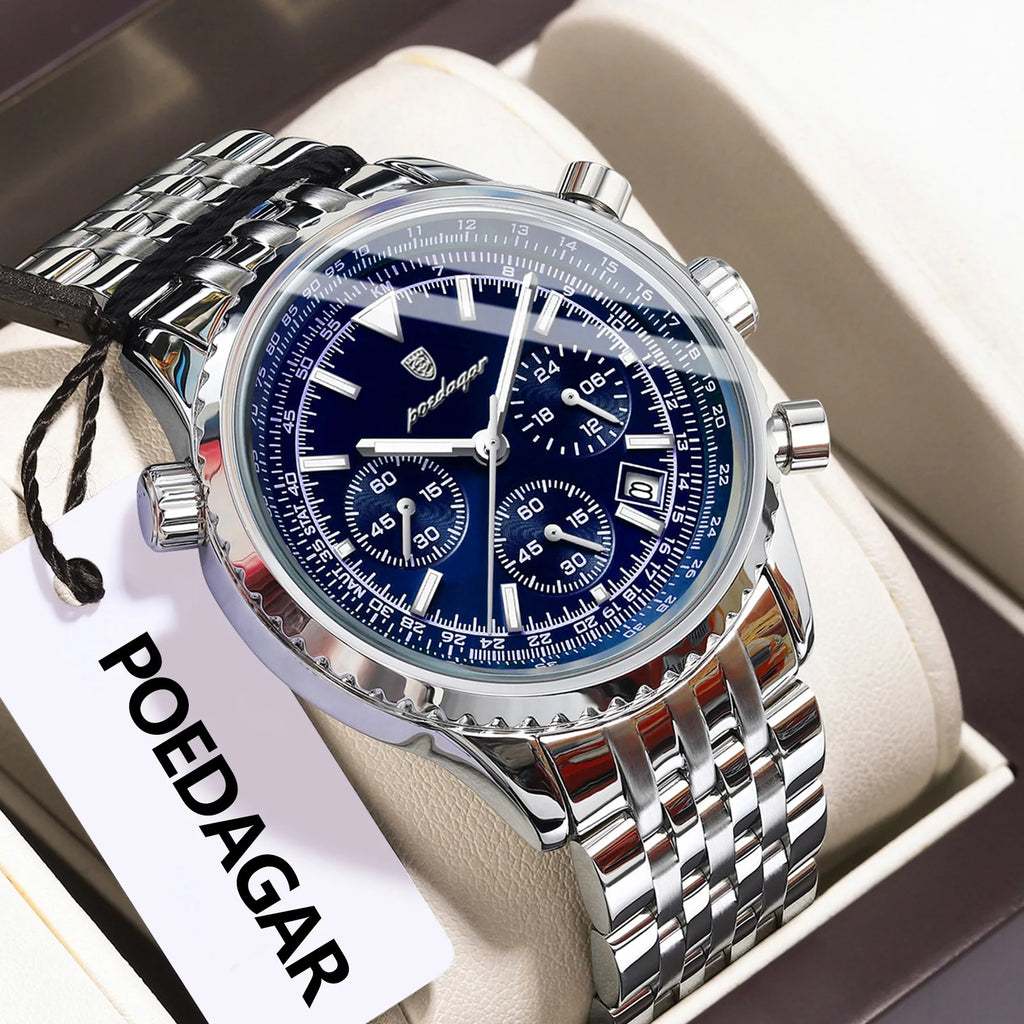 Poedagar 960 Luxury Men Watch 3-Eye Chronograph Stainless Steel Quartz Wristwatch Luminous Date Sport Business Casual Waterproof