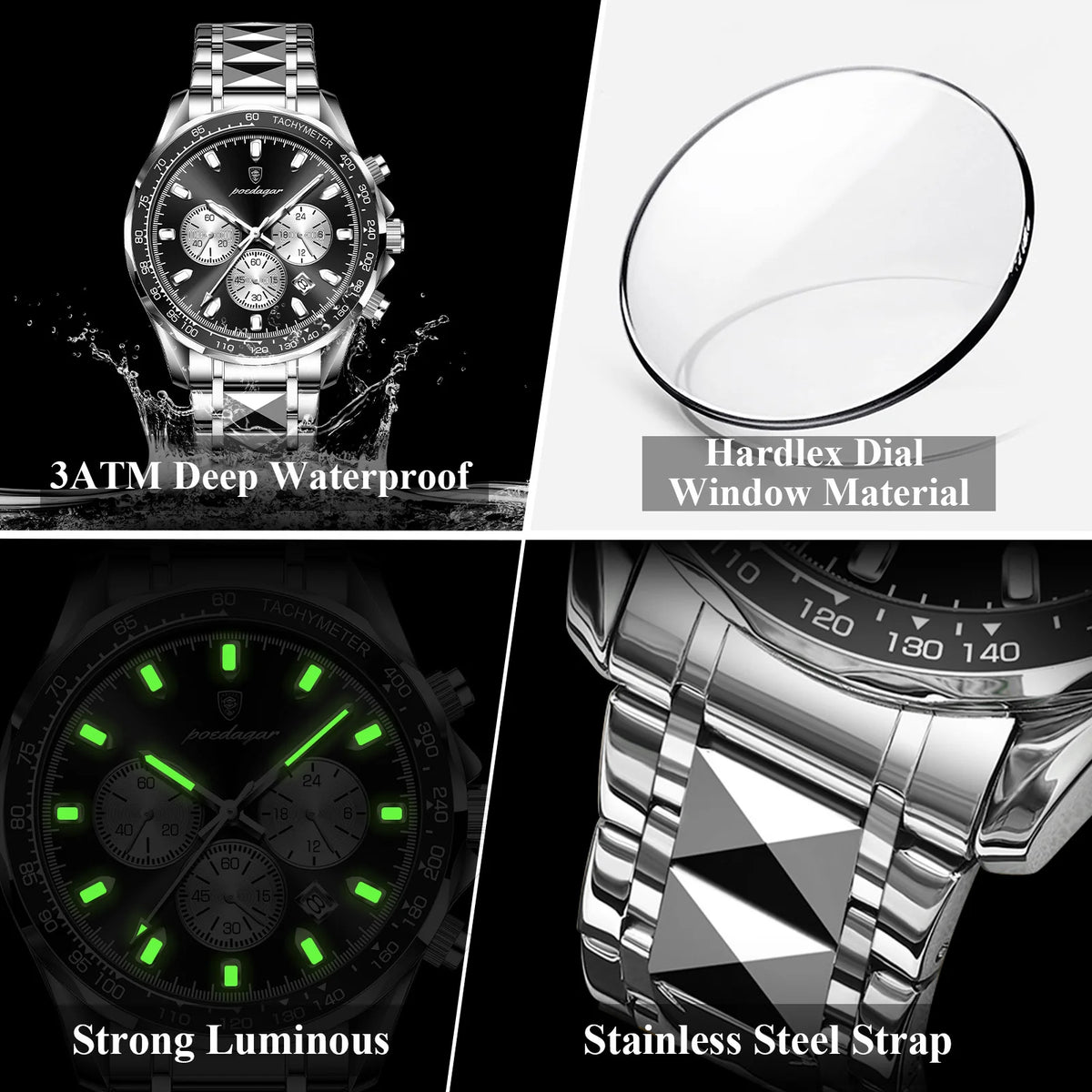 Poedagar 815 Men Watches Luxury Sport Chronograph Tachymeter Herrenuhr Stainless Steel Luminous Waterproof Watch for Men