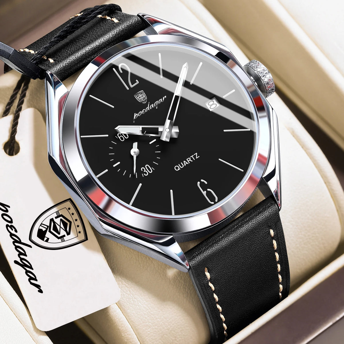 POEDAGAR 689 Men Quartz Watch Luxury Geometric Dial Leather Strap Waterproof Casual Wrist Watch Wholesale