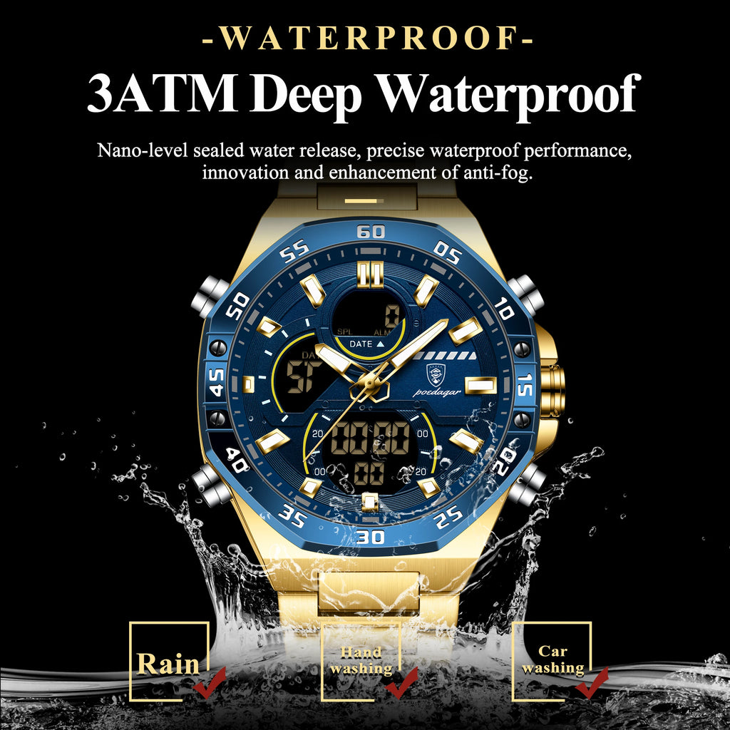 Poedagar E101 New Men Digital Watch LED Dual Time Display Waterproof Stainless Steel Electronic Quartz Men's Watches