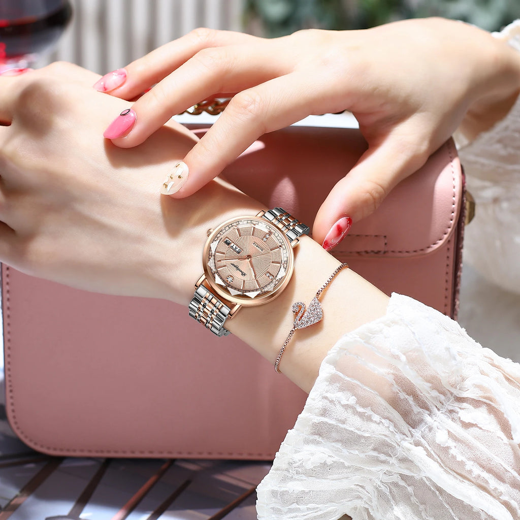 Poedagar Strap Wristwatch Luxury Diamond Stainless Steel Quartz Watches Waterproof Calendar Ladies Watch Clock for Women