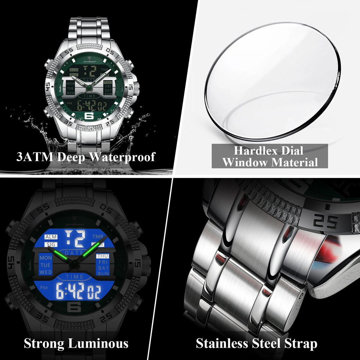 Poedagar New Digital Wrist Watch 3 ATM Water Resistant Multi Function Dual Display Steel Strap Men Montre Homme