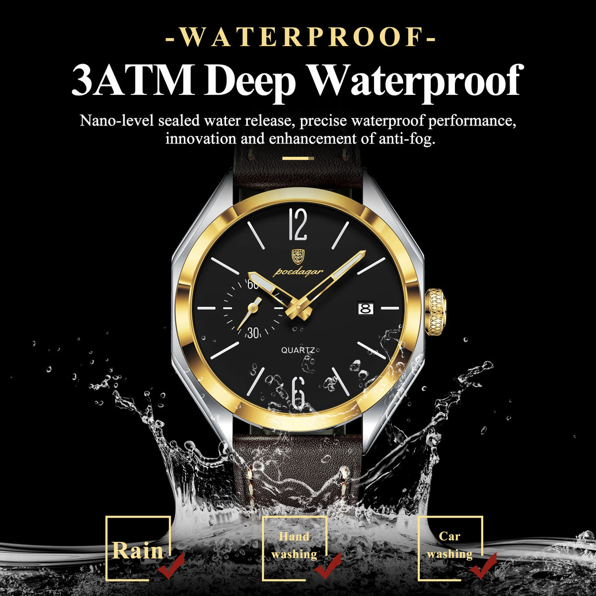 POEDAGAR 689 Quartz Watch Men Hardlex Dial Leather Strap 3ATM Waterproof Luminous Night Light Business Wristwatch