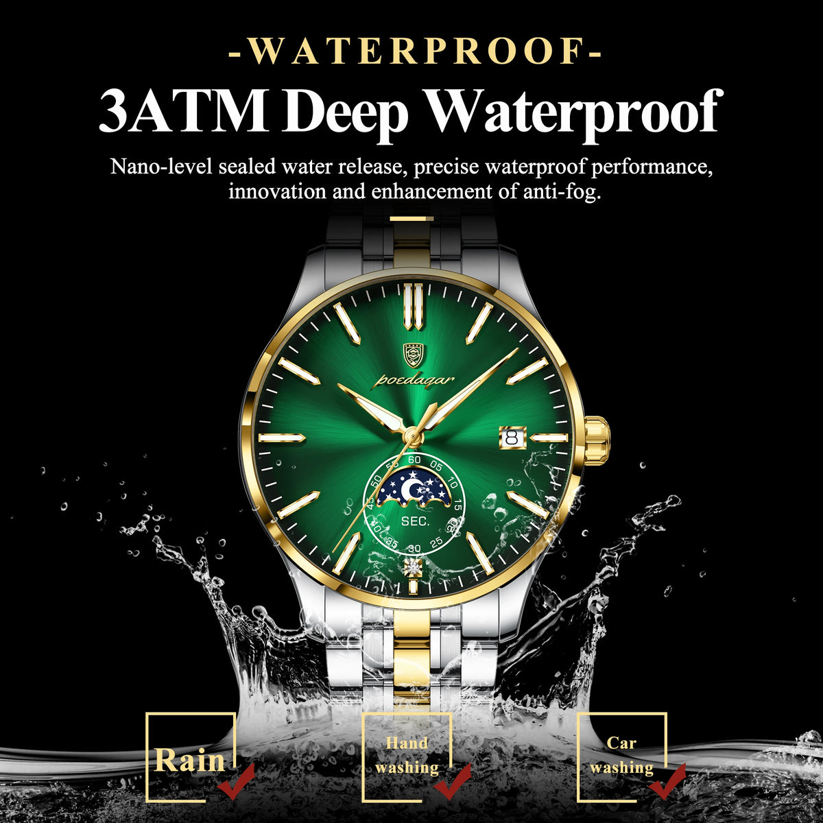 Poedagar 854 Men's Quartz Watch Luxury Moon Phase Stainless Steel Montre Homme Calendar Waterproof Business Wristwatch for Men